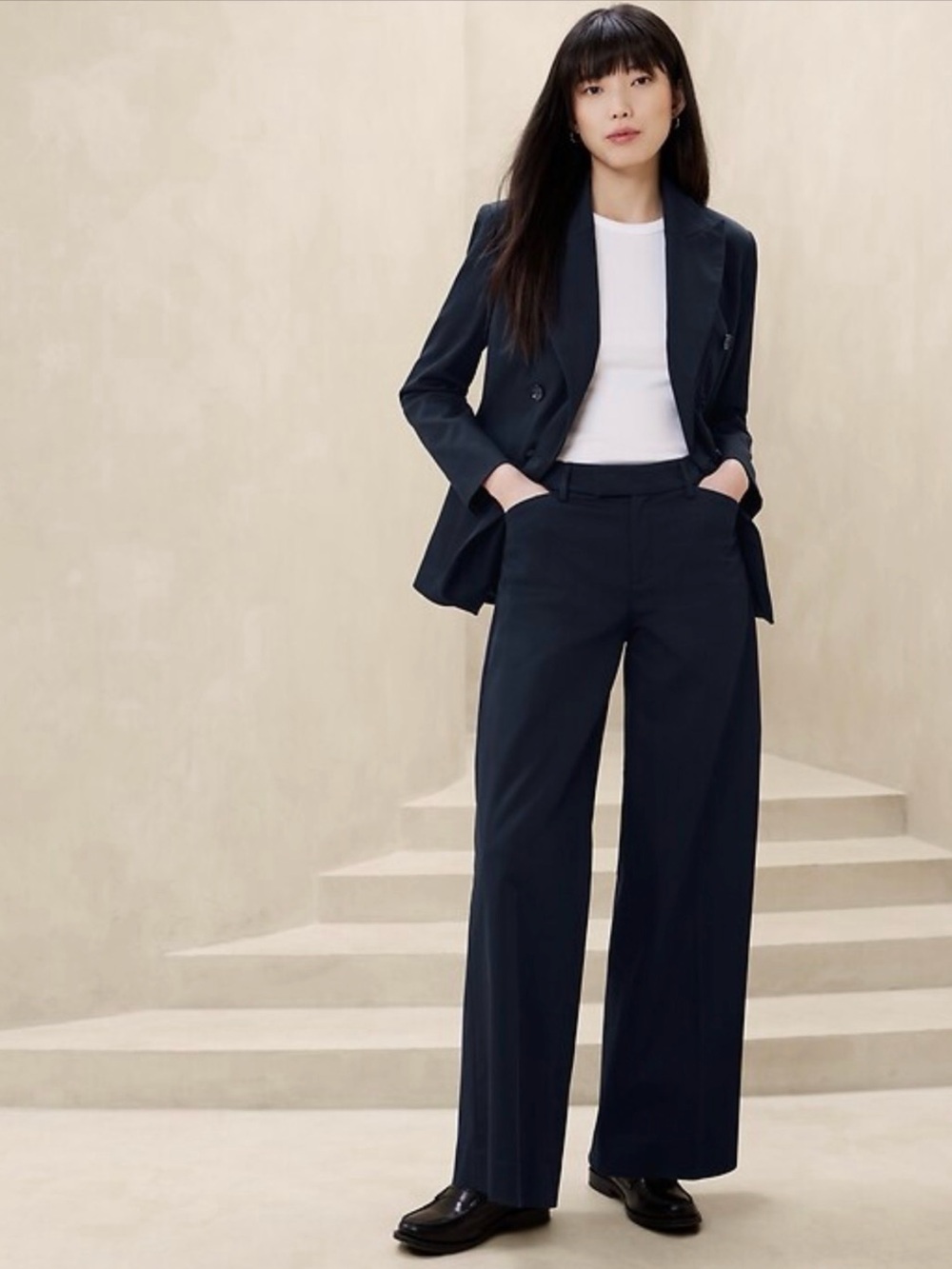 Banana Republic Stretch Cotton Wide Leg Trouser Navy 4 Petite